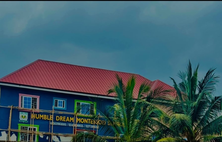 School building framed by palm trees